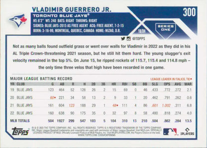 2023 Topps #300 Vladimir Guerrero Jr. Baseball Card featuring Toronto Blue Jays stats