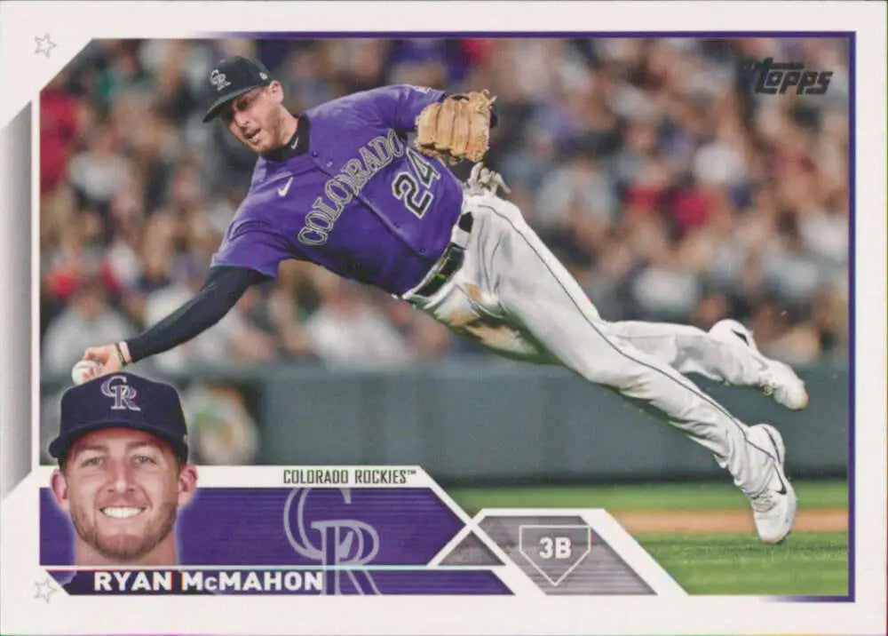 Ryan McMahon making a leaping play on 2023 Topps #301 Colorado Rockies baseball card