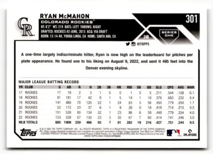 Ryan McMahon baseball card with original gloss from 2023 Topps #301 Rockies collection