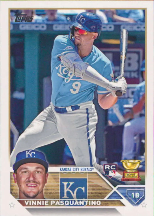 Vinnie Pasquantino at bat in light blue uniform on Kansas City Royals baseball card