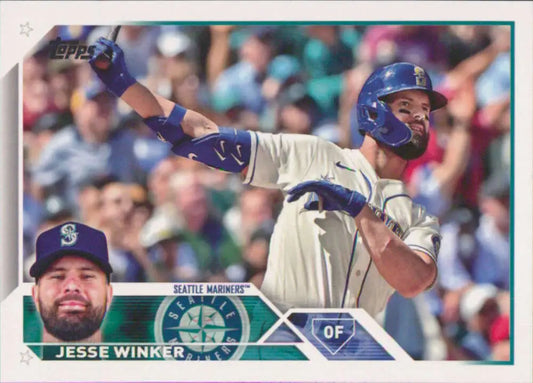 Baseball card of Jesse Winker at bat in white uniform for Seattle Mariners