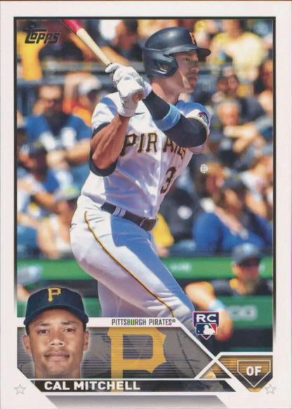 Cal Mitchell NM-MT RC rookie baseball card of Pittsburgh Pirates outfielder in batting stance