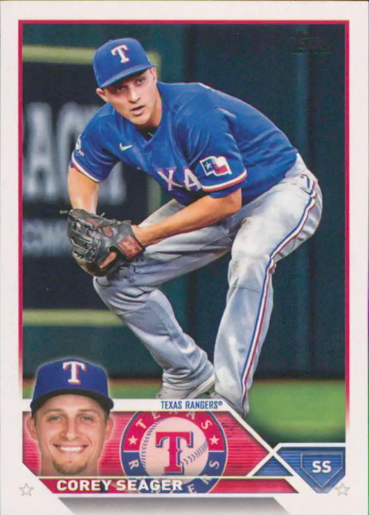 Corey Seager in blue uniform fielding stance on Texas Rangers baseball card