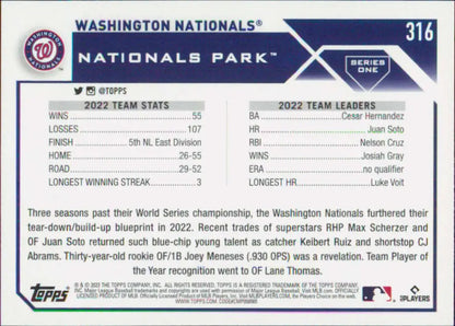 Back side of a Washington Nationals baseball card showcasing 2022 team statistics