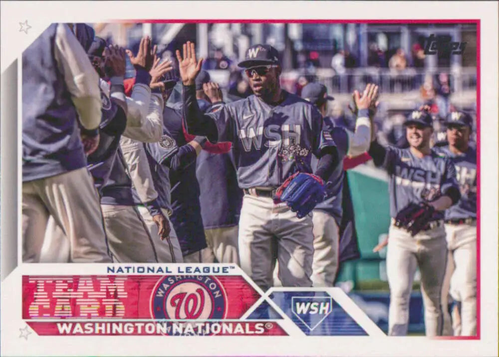 Washington Nationals players celebrate with high-fives on this Team Card Baseball Card