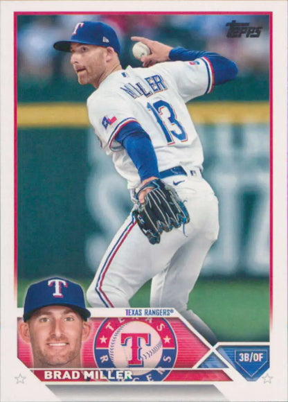 Baseball card of Brad Miller in white uniform for Texas Rangers throwing motion