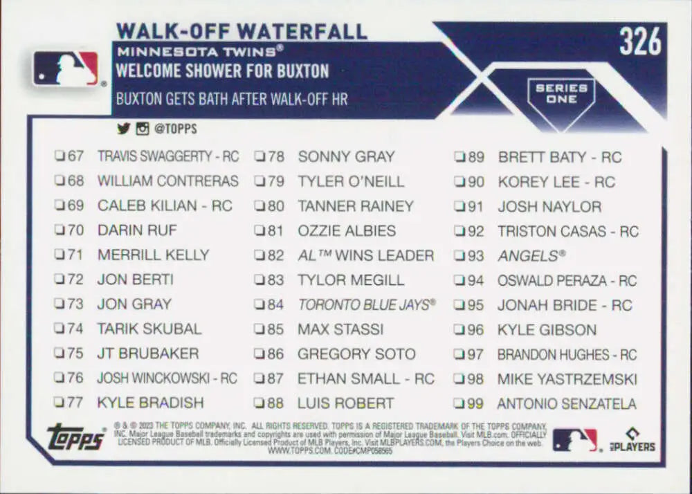 Baseball card checklist with Byron Buxton and others from the Walk-Off Waterfall series