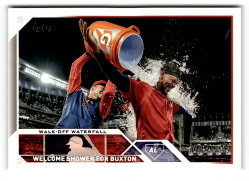 Baseball card featuring Byron Buxton’s water cooler shower from 2023 Topps original gloss