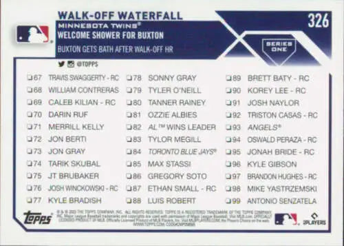 Baseball card featuring Byron Buxton’s Walk-Off Waterfall moment, 2023 Topps original gloss