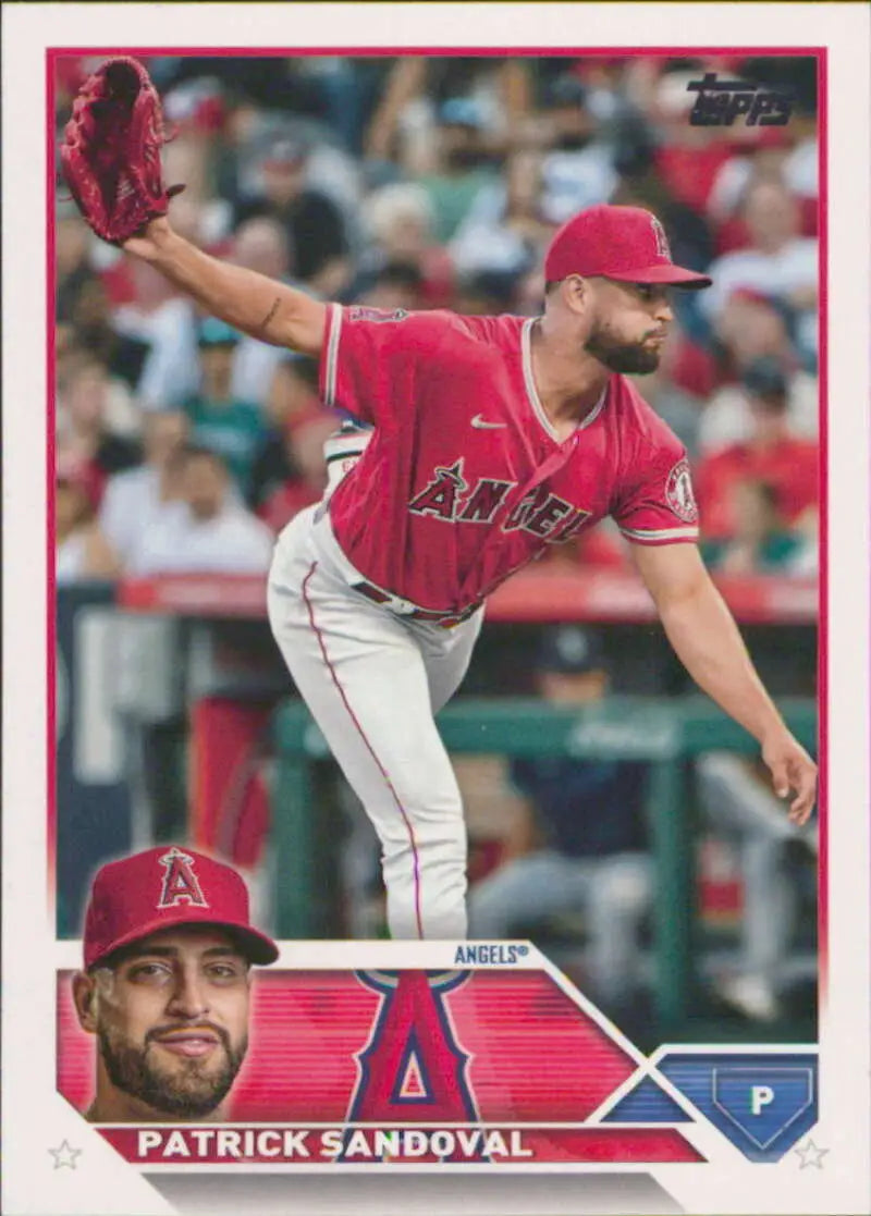 Los Angeles Angels pitcher Patrick Sandoval in red uniform delivering baseball card