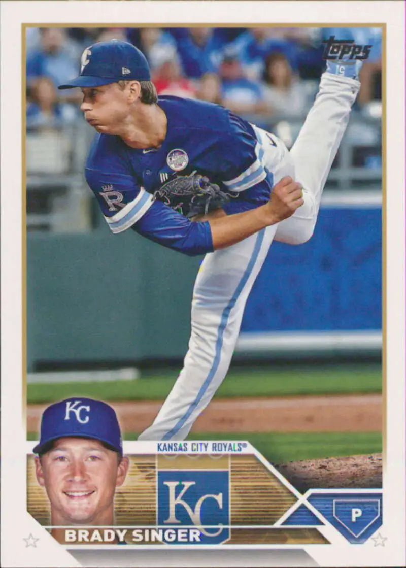 Baseball card of Brady Singer pitching for the Kansas City Royals in 2023 Topps set