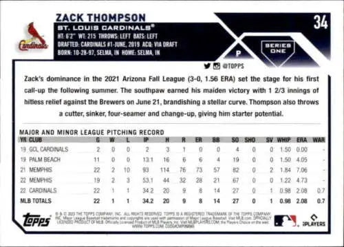 Zack Thompson baseball card 2023 Topps #34 NM-MT RC with original gloss finish