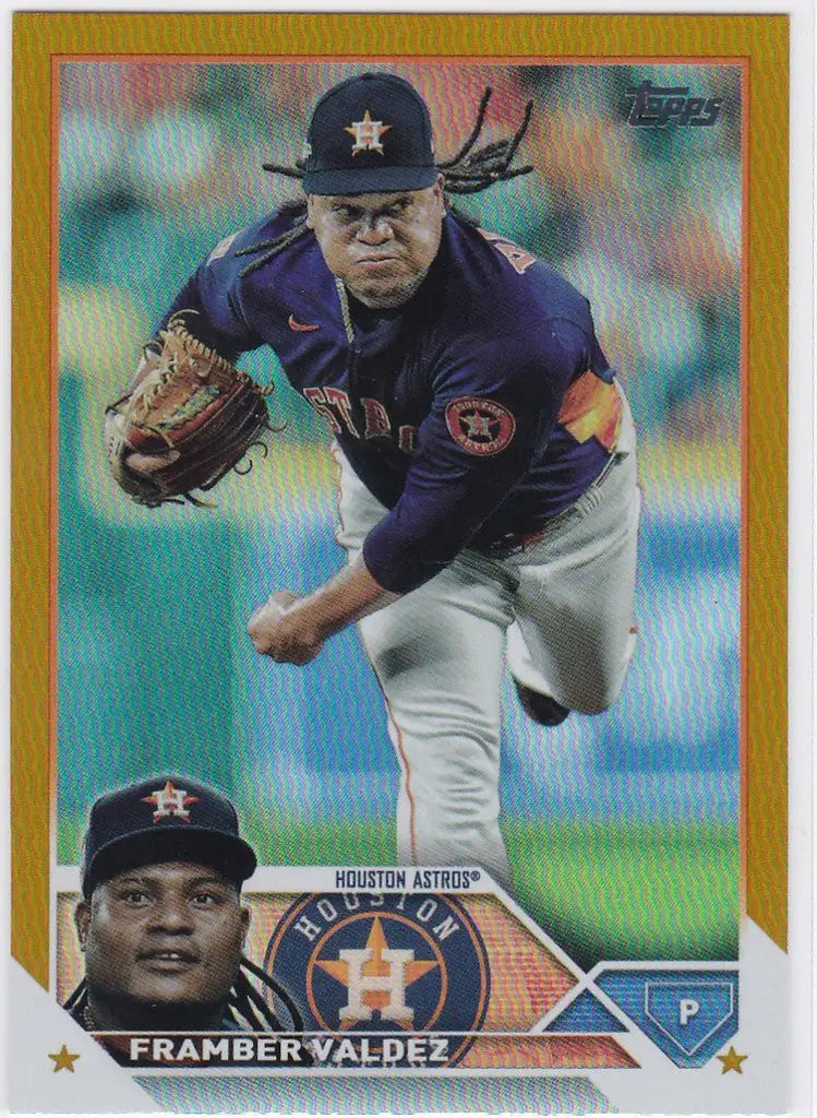 Gold foil Framber Valdez baseball card showcasing Houstons pitcher mid-throw