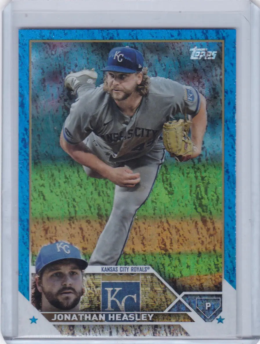 Baseball trading card of Blue Foil Jonathan Heasley pitching for Kansas City Royals