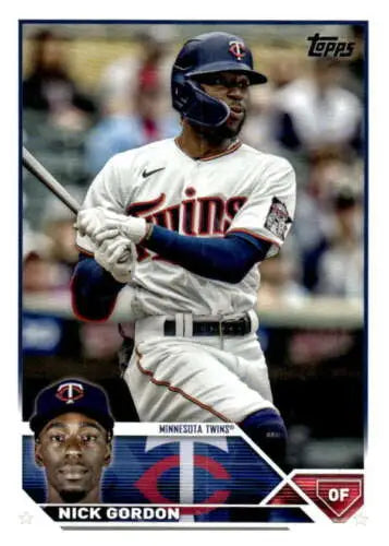 Baseball card of Nick Gordon in white home uniform, original gloss, Minnesota Twins