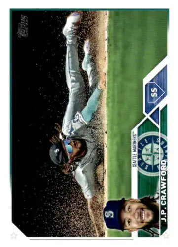 Baseball card featuring J.P. Crawford sliding into base with original gloss and dirt flying