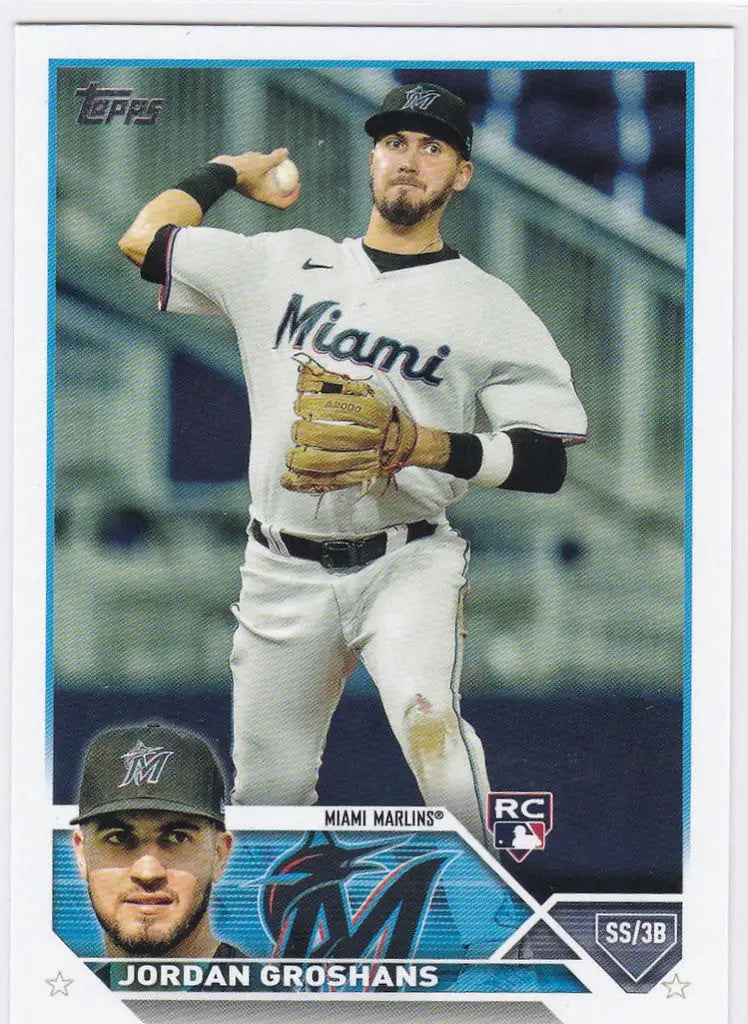 Baseball card of Jordan Groshans RC Miami Marlins pitcher in mid-throw action