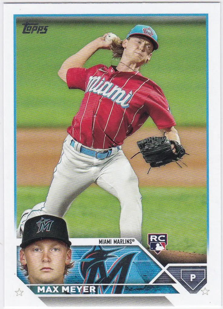 Baseball card of Max Meyer RC Miami Marlins pitcher in mid-throw action