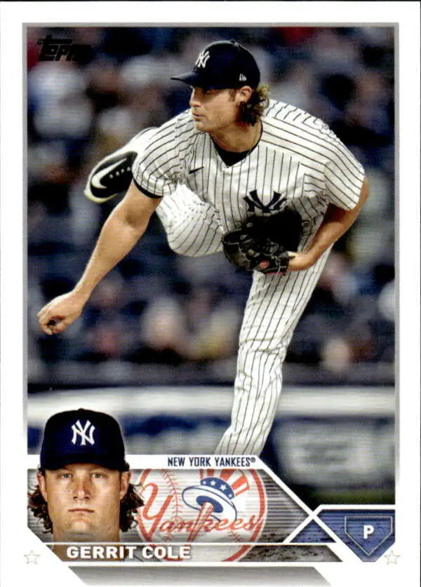 Baseball card of Gerrit Cole delivering a pitch for the New York Yankees