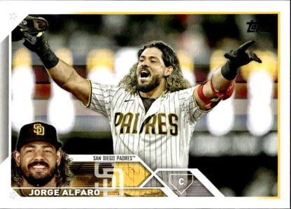 Jorge Alfaro celebrating on a San Diego Padres baseball card, 2023 Topps #46