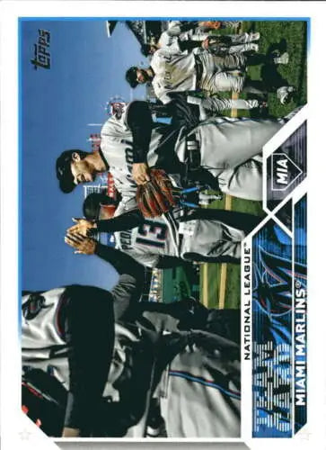 Baseball trading card featuring Miami Marlins celebrating players in original gloss finish