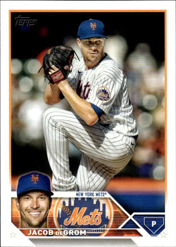 Jacob deGrom baseball card showing Mets pitcher in pinstripe uniform mid-windup