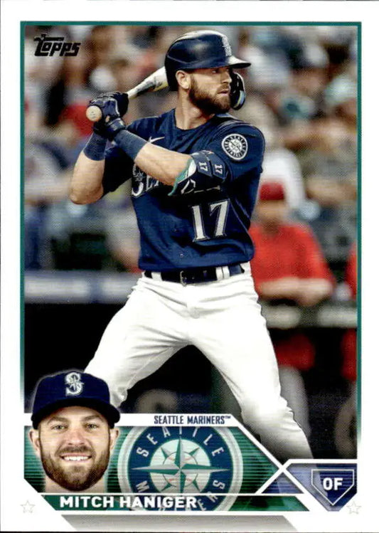 Baseball card of Mitch Haniger, Seattle Mariners outfielder in batting stance