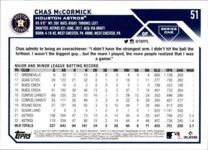 Back of 2023 Topps #51 Chas McCormick baseball card showcasing original gloss finish