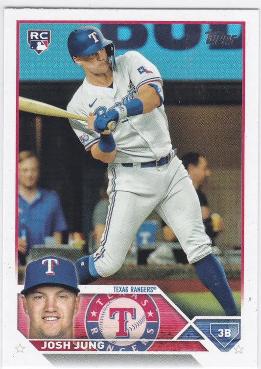 Baseball card of Josh Jung RC Texas in white uniform for Texas Rangers at bat