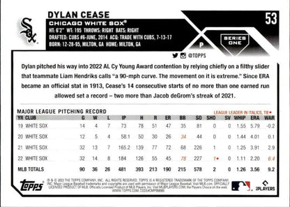 Baseball card featuring statistics and career info for Dylan Cease, Chicago White Sox pitcher