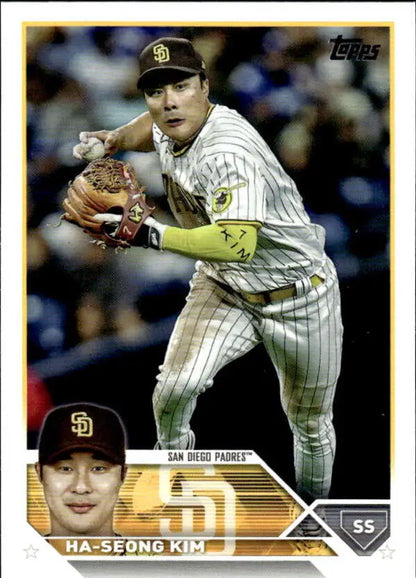 Baseball card of San Diego Padres player Ha-Seong Kim in pinstripe uniform mid-pitch