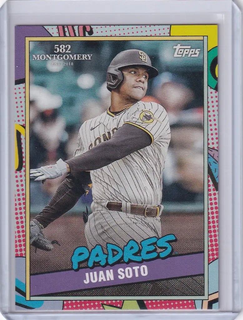 Baseball card of Juan Soto San Diego Padres in batting stance from 2023 Topps set