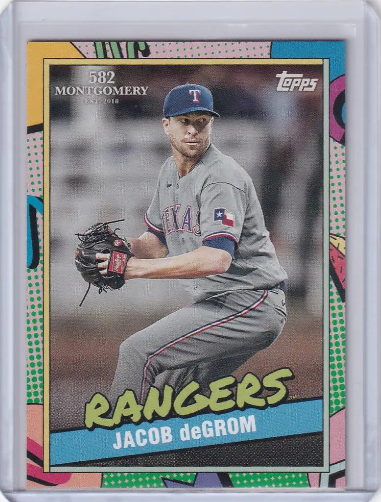 Baseball card of Jacob Degrom Texas pitcher in gray uniform from Montgomery Set