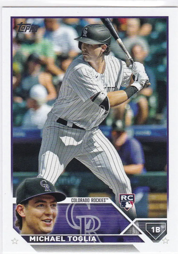 Baseball card of Michael Toglia RC in Colorado Rockies white pinstriped uniform