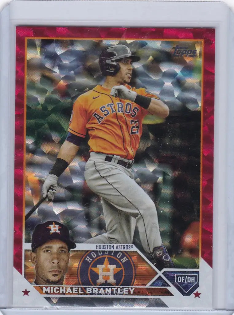 Baseball card of Michael Brantley Red Parallel in a batting stance for Houston Astros