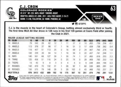 2023 Topps #63 C.J. Cron baseball card featuring original gloss, Rockies team collector item