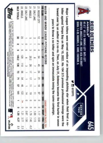 Baseball statistics lineup card for Los Angeles Angels featuring Reid Detmers 2023 Topps 645