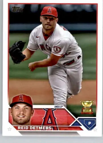 Reid Detmers baseball card showcasing an Angels pitcher in a white uniform follow-through motion