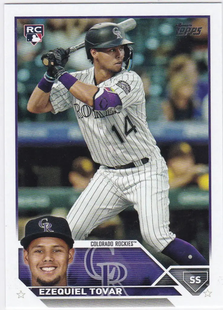 Ezequiel Tovar RC Colorado Rockies baseball card in batting stance from 2023 Topps