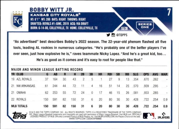 Bobby Witt rookie season statistics baseball card for Kansas City Royals 2023 Topps #7