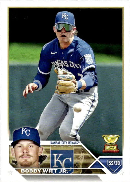 Bobby Witt Jr. in Kansas City Royals uniform making a fielding motion on baseball card