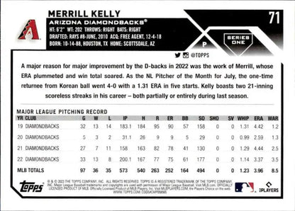 2023 Topps #71 Merrill Kelly Baseball Card featuring Arizona Diamondbacks stats and info