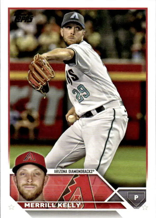 Merrill Kelly pitching in a white uniform on the Arizona Diamondbacks baseball card