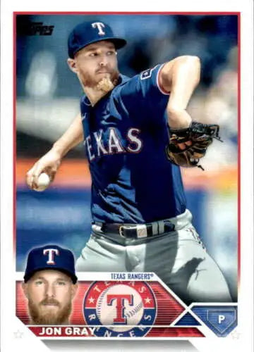 Texas Rangers Jon Gray baseball card in blue uniform with original gloss finish