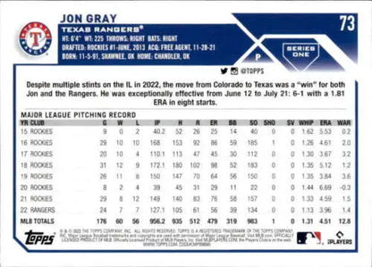 2023 Topps #73 Jon Gray baseball card featuring original gloss, Texas Rangers ID:56779