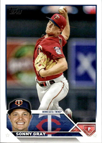 Minnesota Twins baseball card featuring Sonny Gray mid-throw in a red uniform