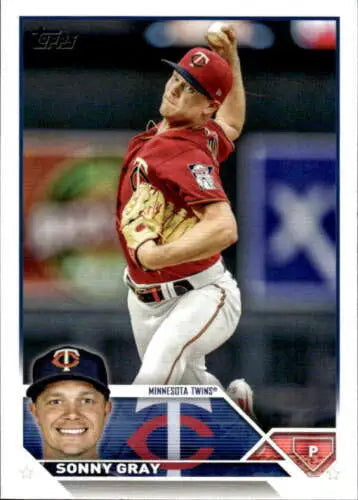 Baseball trading card of Sonny Gray mid-throwing in red uniform, original gloss finish