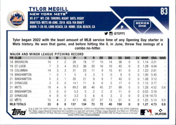 Baseball card featuring Tylor Megill’s MLB stats for New York Mets 2023 Topps #83