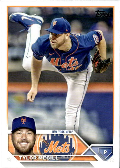 Tylor Megill pitching in blue uniform on 2023 Topps New York Mets baseball card