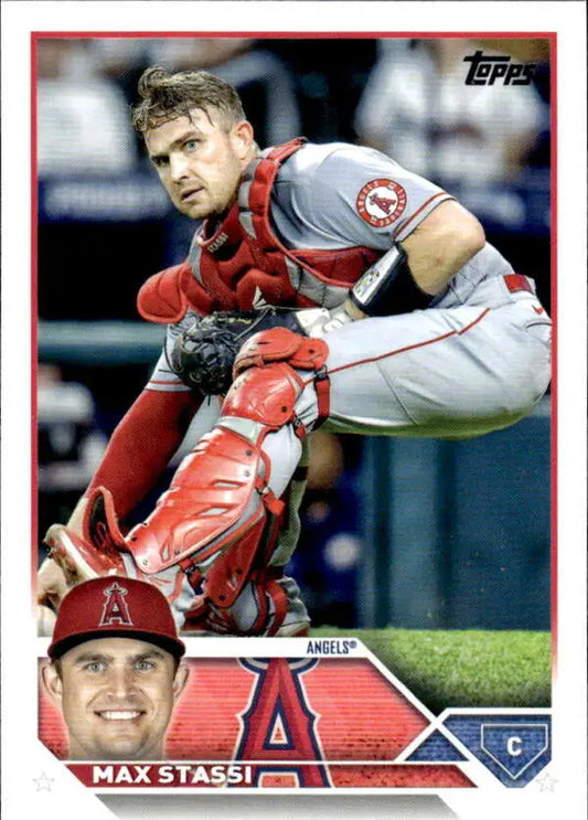 Max Stassi in Angels uniform crouching as a catcher on Los Angeles Angels baseball card